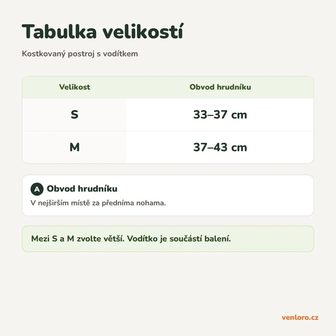 Kostkovaný postroj pro malé psy s vodítkem, meruňkový, S a M – Tabulka velikostí