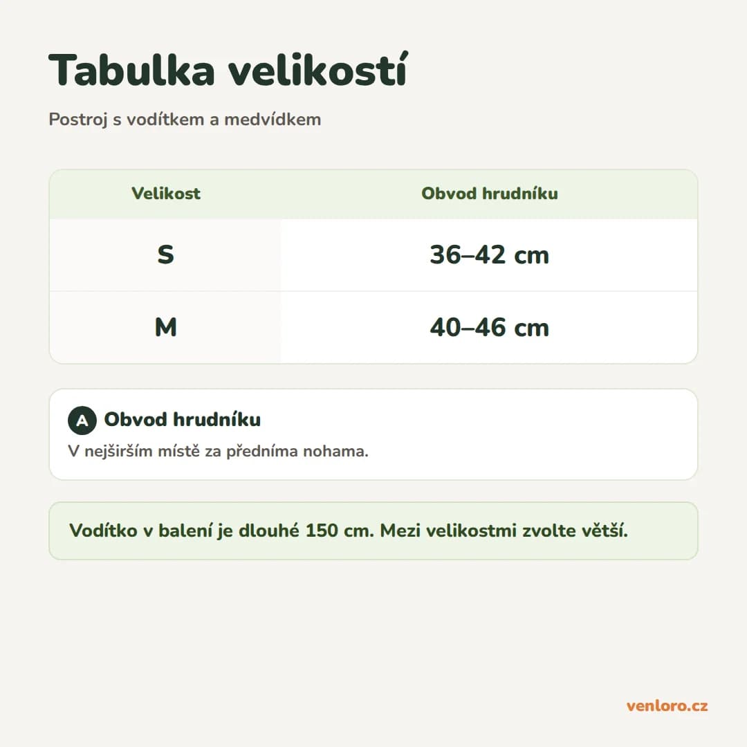 Postroj pro malé psy s vodítkem a medvídkem, S a M – Tabulka velikostí