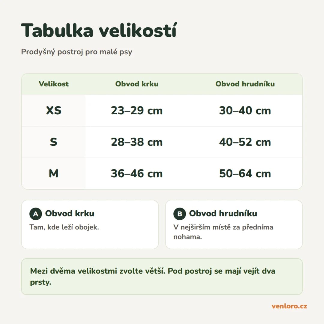 Prodyšný nastavitelný postroj pro malé psy, zeleno-bílý – Tabulka velikostí