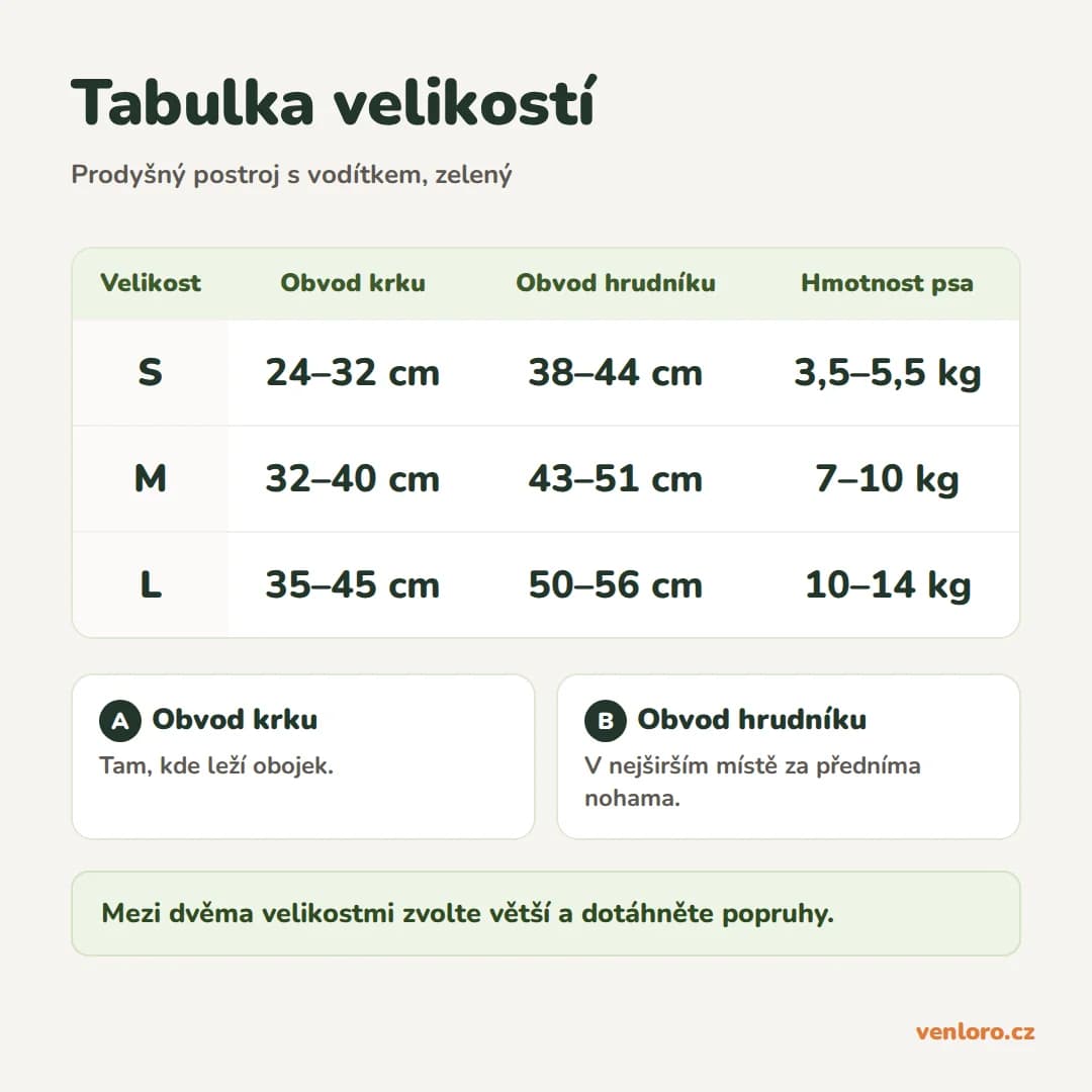 Prodyšný postroj pro malé psy s vodítkem, zelený, S–L – Tabulka velikostí