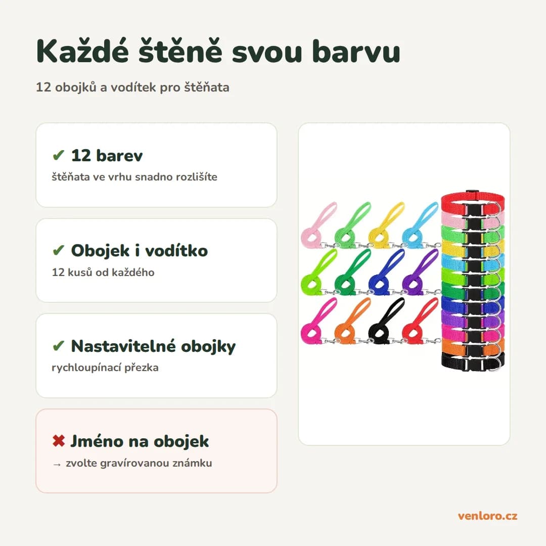 Sada 12 obojků a vodítek pro štěňata, mix barev – Každé štěně svou barvu