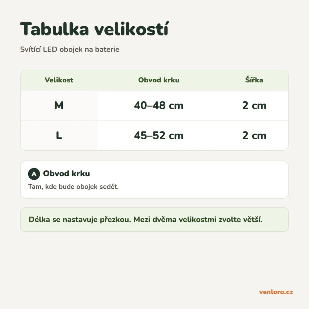 Svítící LED obojek pro psy a kočky na baterie, 3 režimy – Tabulka velikostí
