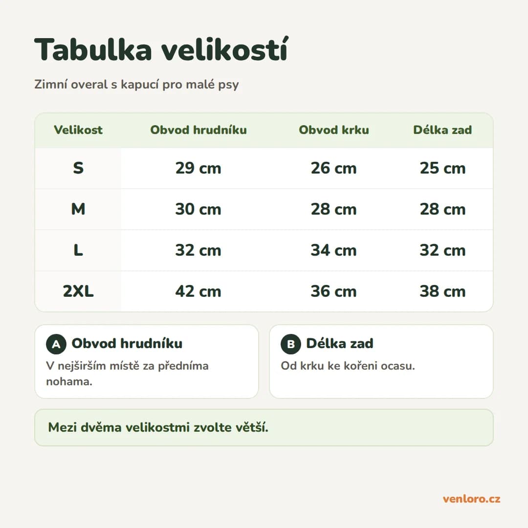 Zimní overal s kapucí pro malé psy, zapínání na druky, S–2XL – Tabulka velikostí