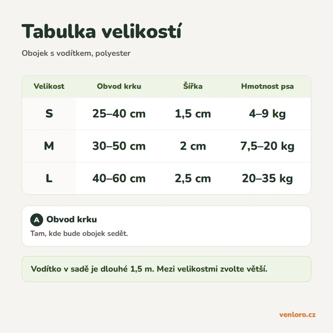 Nastavitelný obojek s vodítkem pro psy, polyester, S–L – Tabulka velikostí