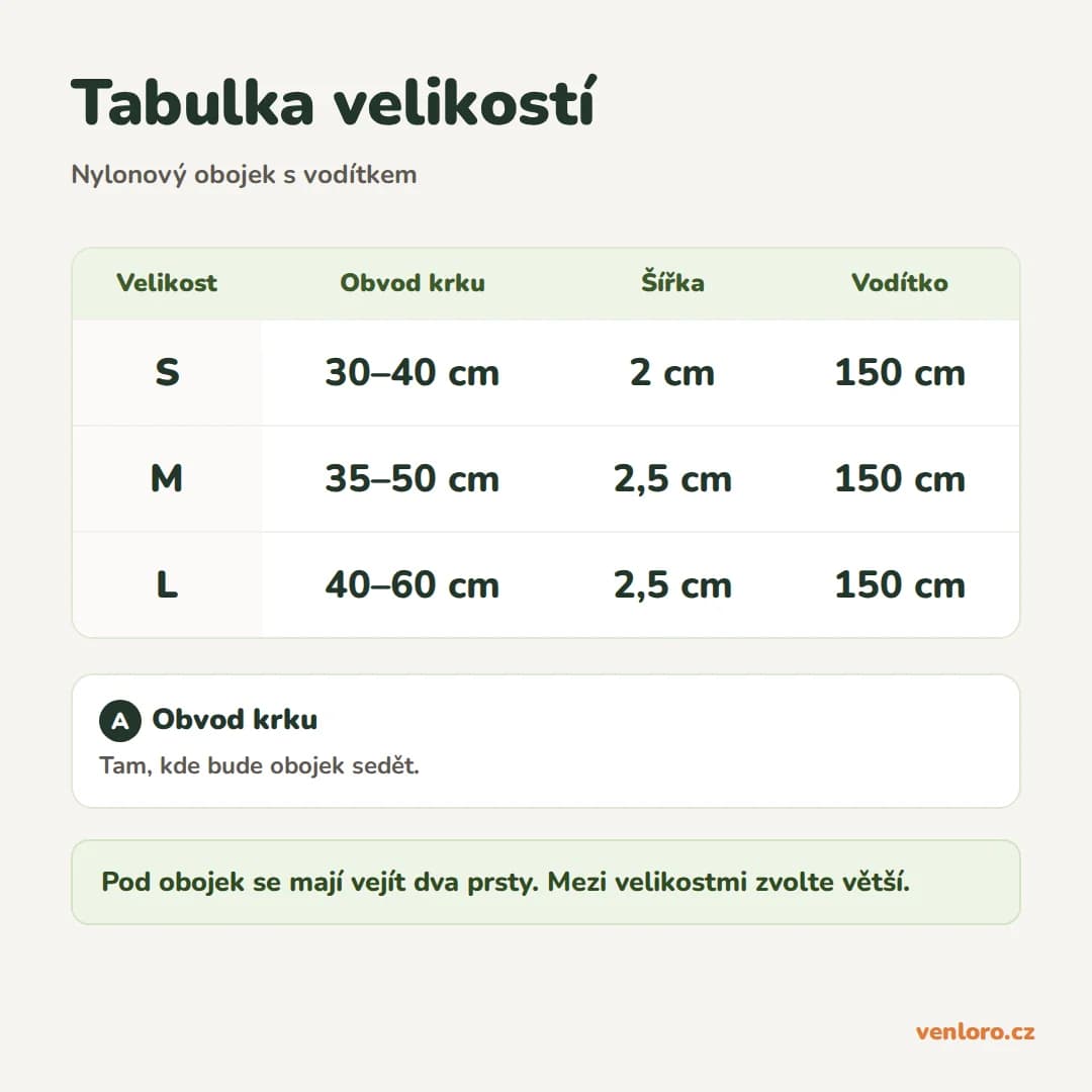 Nylonový obojek s vodítkem pro malé a střední psy, S–L – Tabulka velikostí