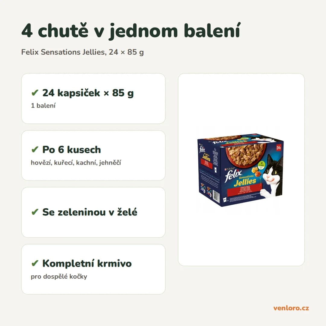 Felix Sensations Jellies – kapsičky pro kočky v želé se zeleninou, 24 × 85 g – 4 chutě v jednom balení