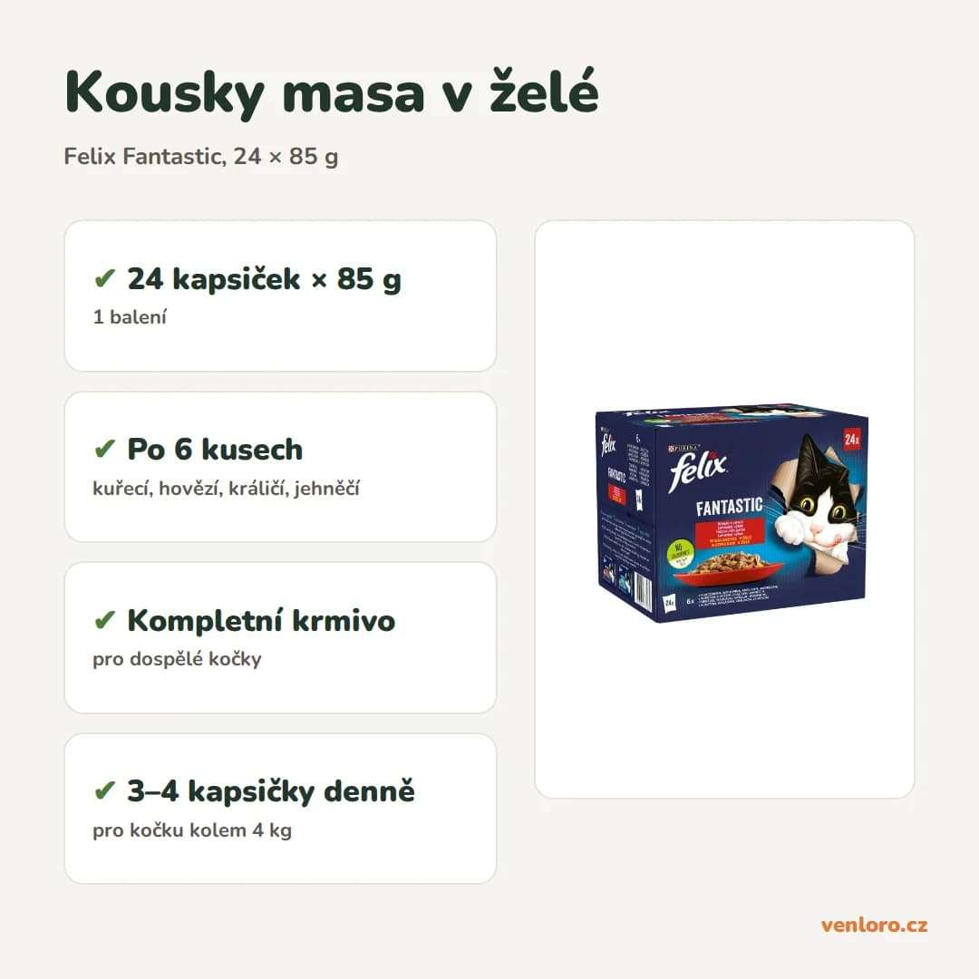 Felix Fantastic – kapsičky pro kočky v želé, směs chutí 24 × 85 g – Kousky masa v želé