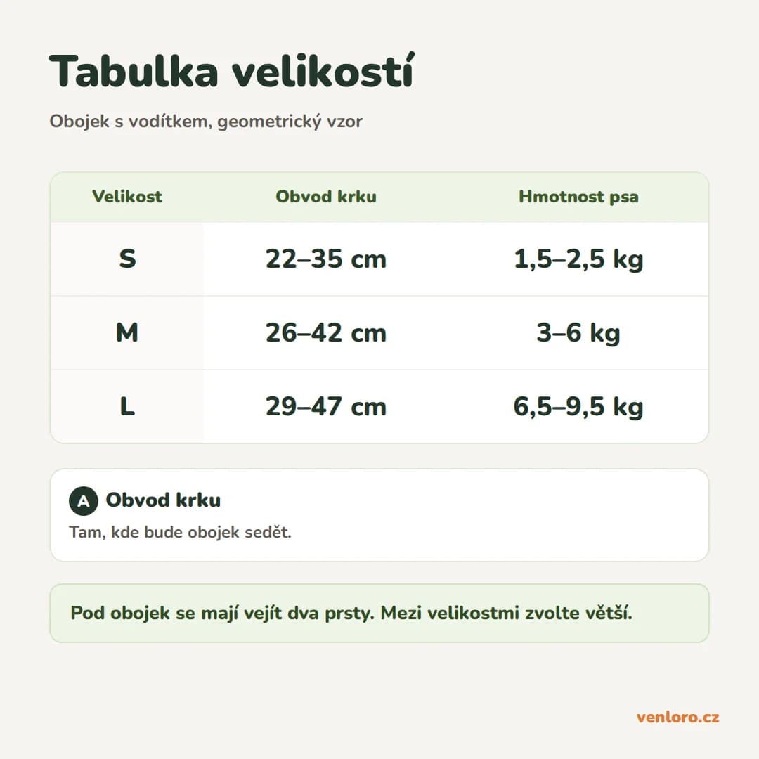 Nylonový obojek s vodítkem pro psy s geometrickým vzorem, S–L – Tabulka velikostí