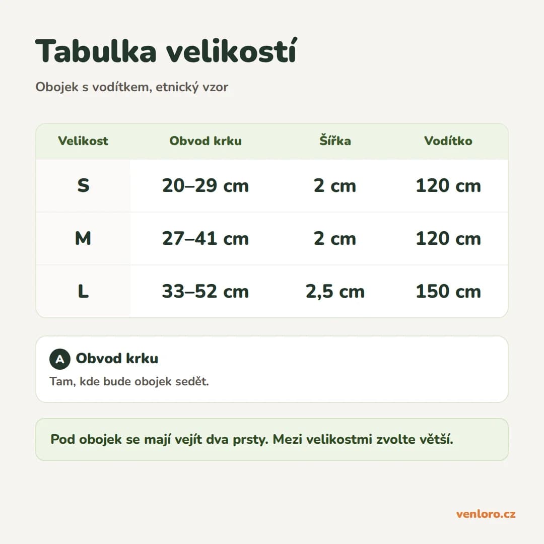 Obojek s vodítkem pro psy s etnickým vzorem, S–L – Tabulka velikostí