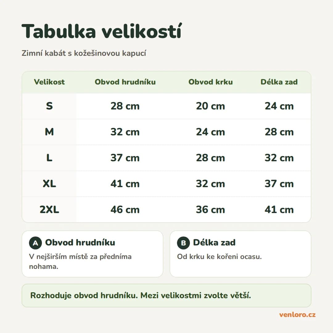 Zimní kabát pro psy s kapucí s kožešinovým lemem, tmavě zelený, S–2XL – Tabulka velikostí