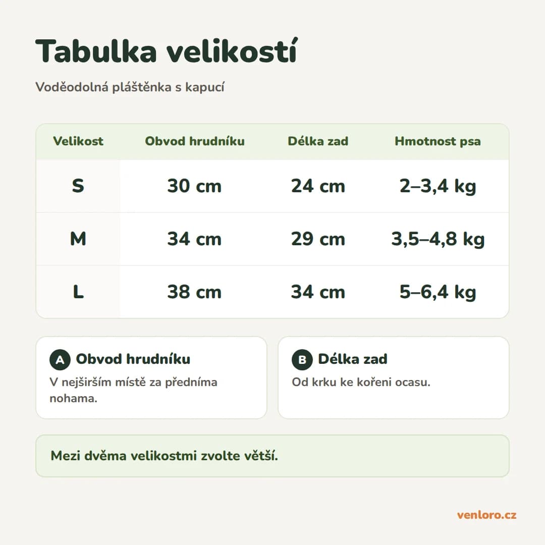 Voděodolná pláštěnka pro psy s kapucí s oušky, S–L – Tabulka velikostí