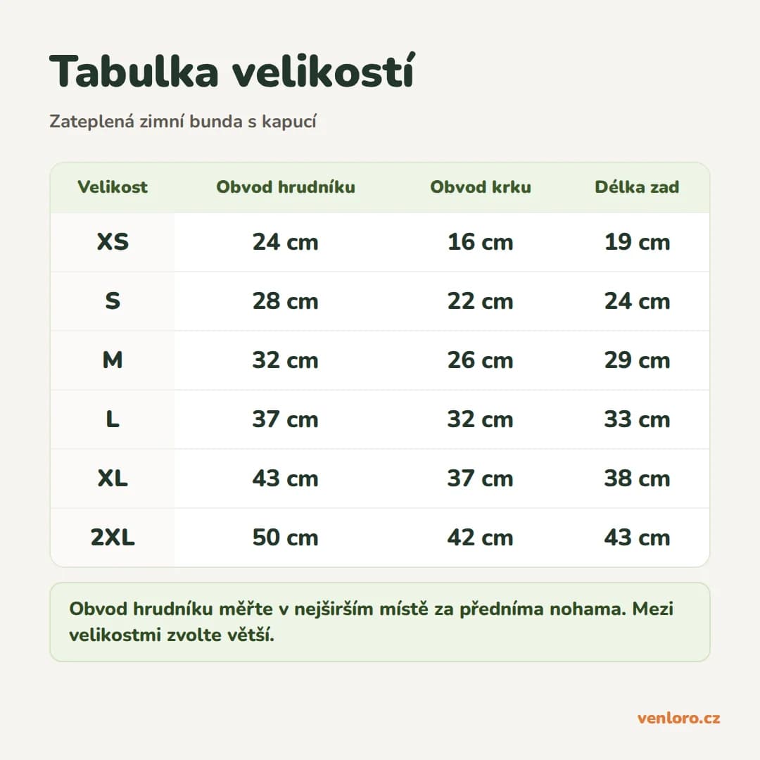 Zateplená zimní bunda pro psy s kapucí, kapsami a D-kroužky, XS–2XL – Tabulka velikostí