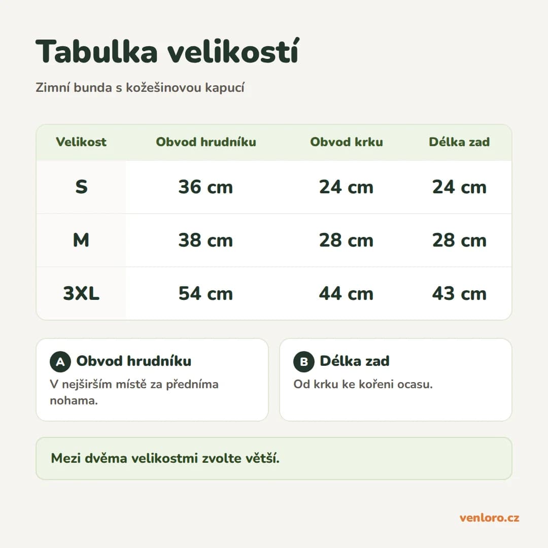Zimní bunda pro malé psy s kožešinovou kapucí a zipem, S, M a 3XL – Tabulka velikostí