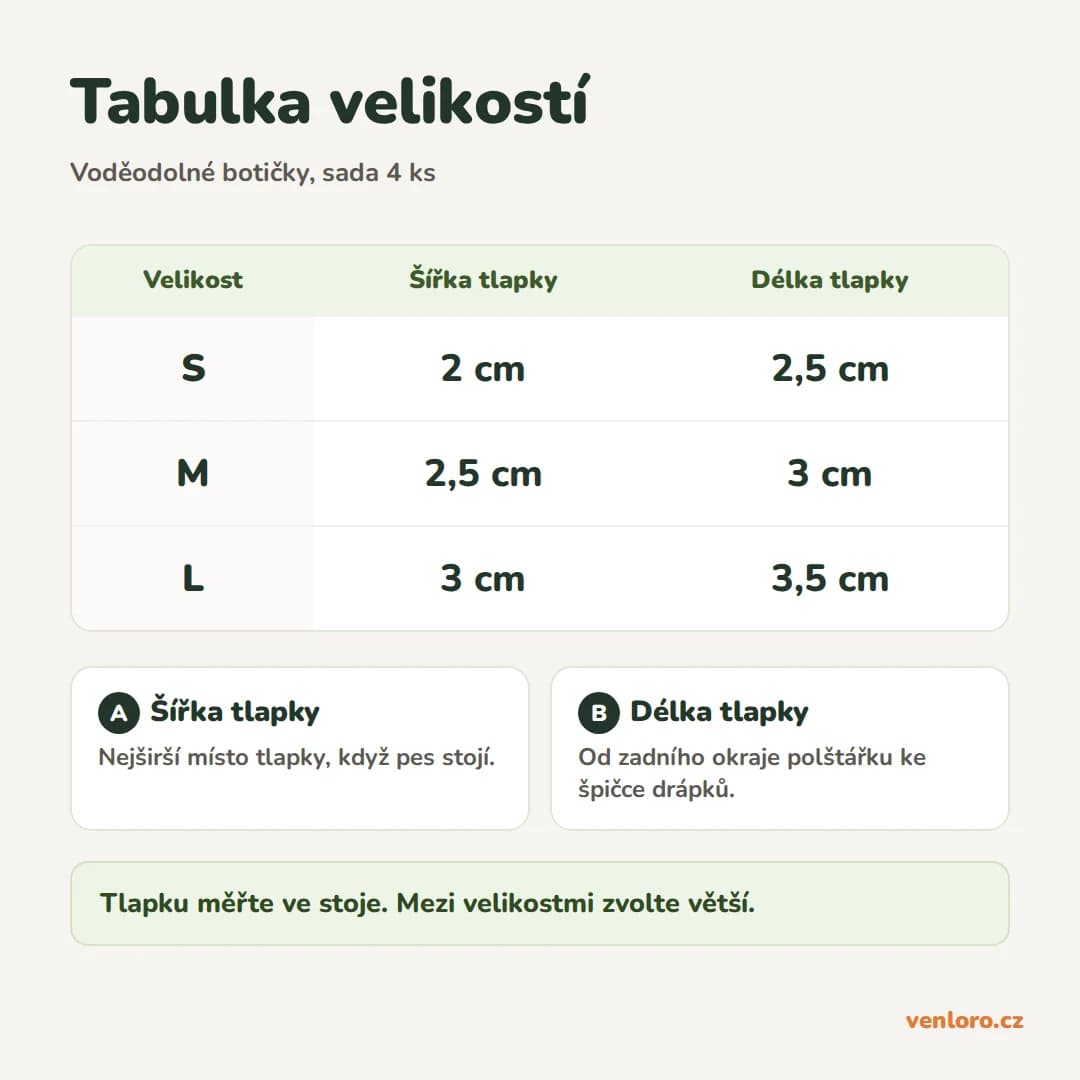 Voděodolné boty pro psy s protiskluzovou podrážkou, 4 ks, S–L – Tabulka velikostí
