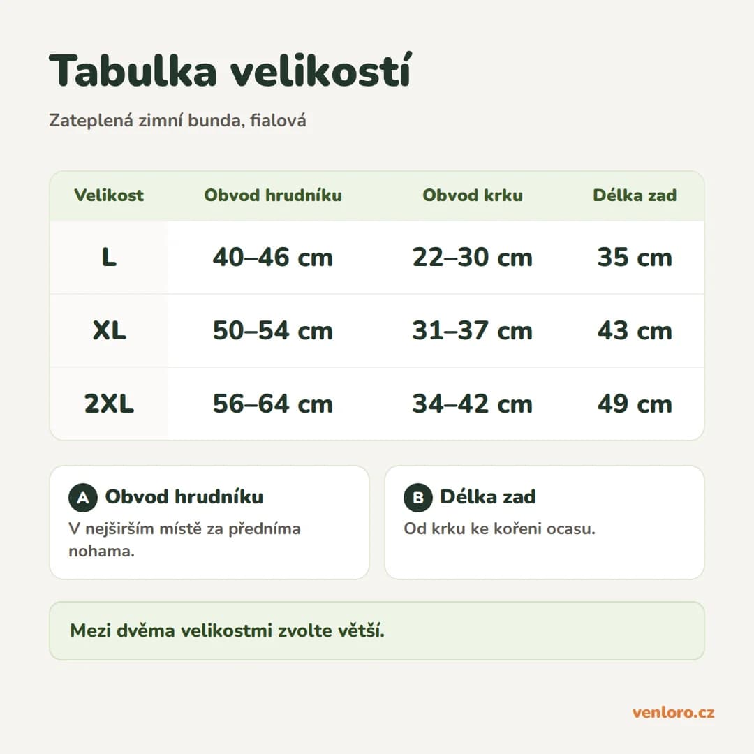 Zateplená zimní bunda pro střední a velké psy, fialová, L–2XL – Tabulka velikostí