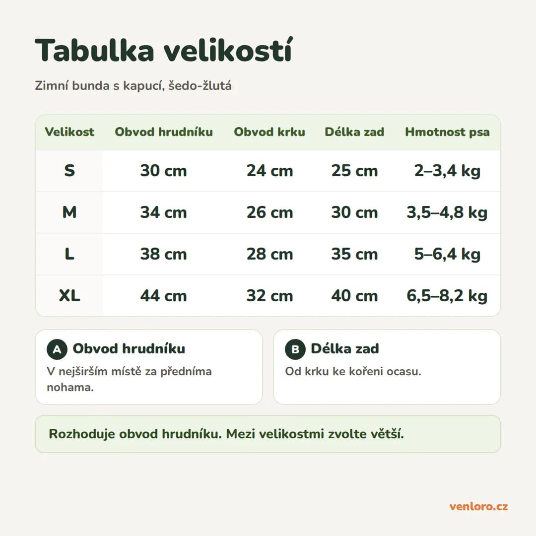 Zimní bunda pro malé psy s kapucí a D-kroužkem, šedo-žlutá, S–XL – Tabulka velikostí