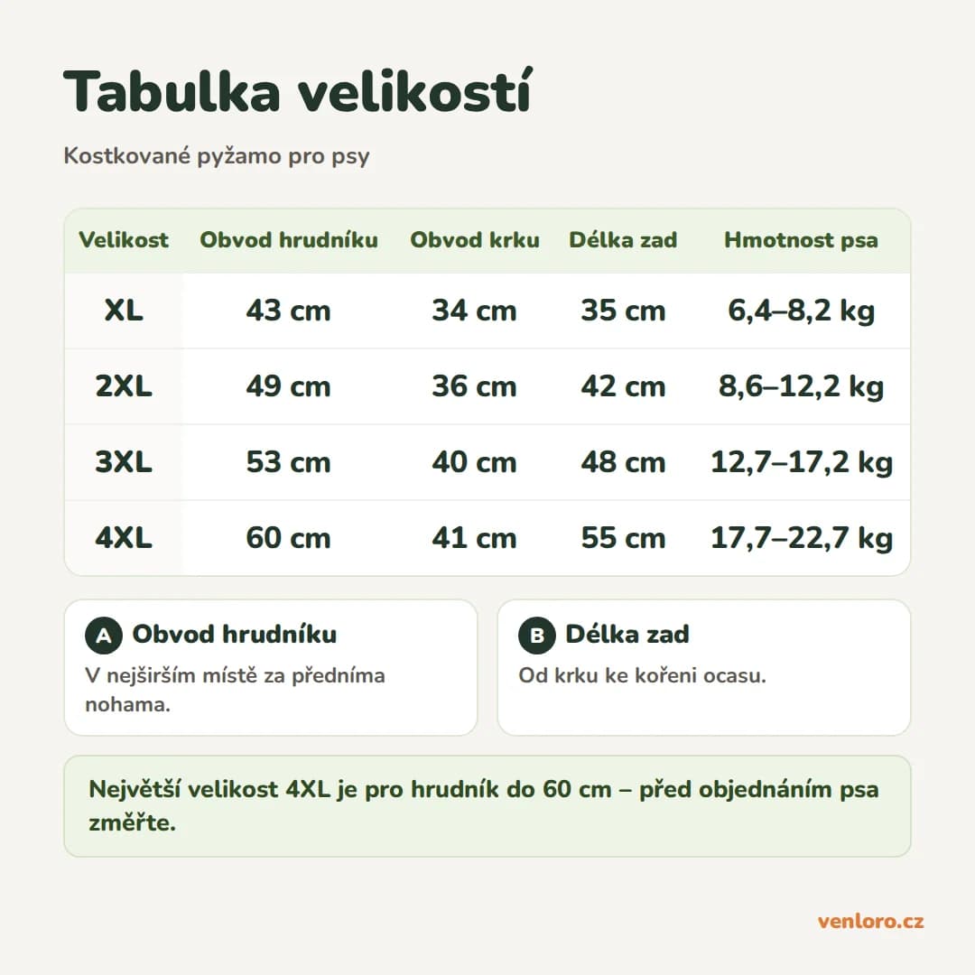 Kostkované pyžamo pro velké psy, měkký overal, XL–4XL – Tabulka velikostí