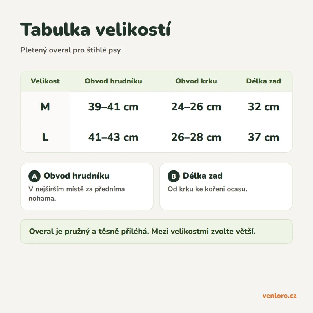 Pletený overal pro štíhlé psy s vysokým límcem, M a L – Tabulka velikostí