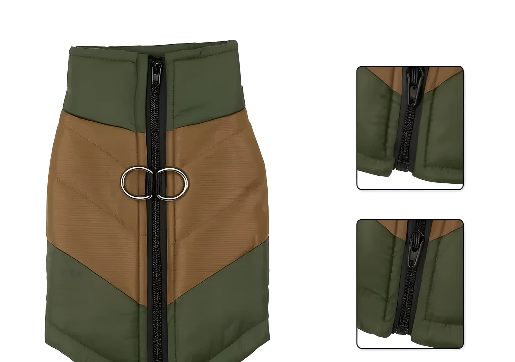 Prošívaná zimní vesta pro velké psy s D-kroužkem, army zelená, 2XL–4XL – zip a D-kroužek