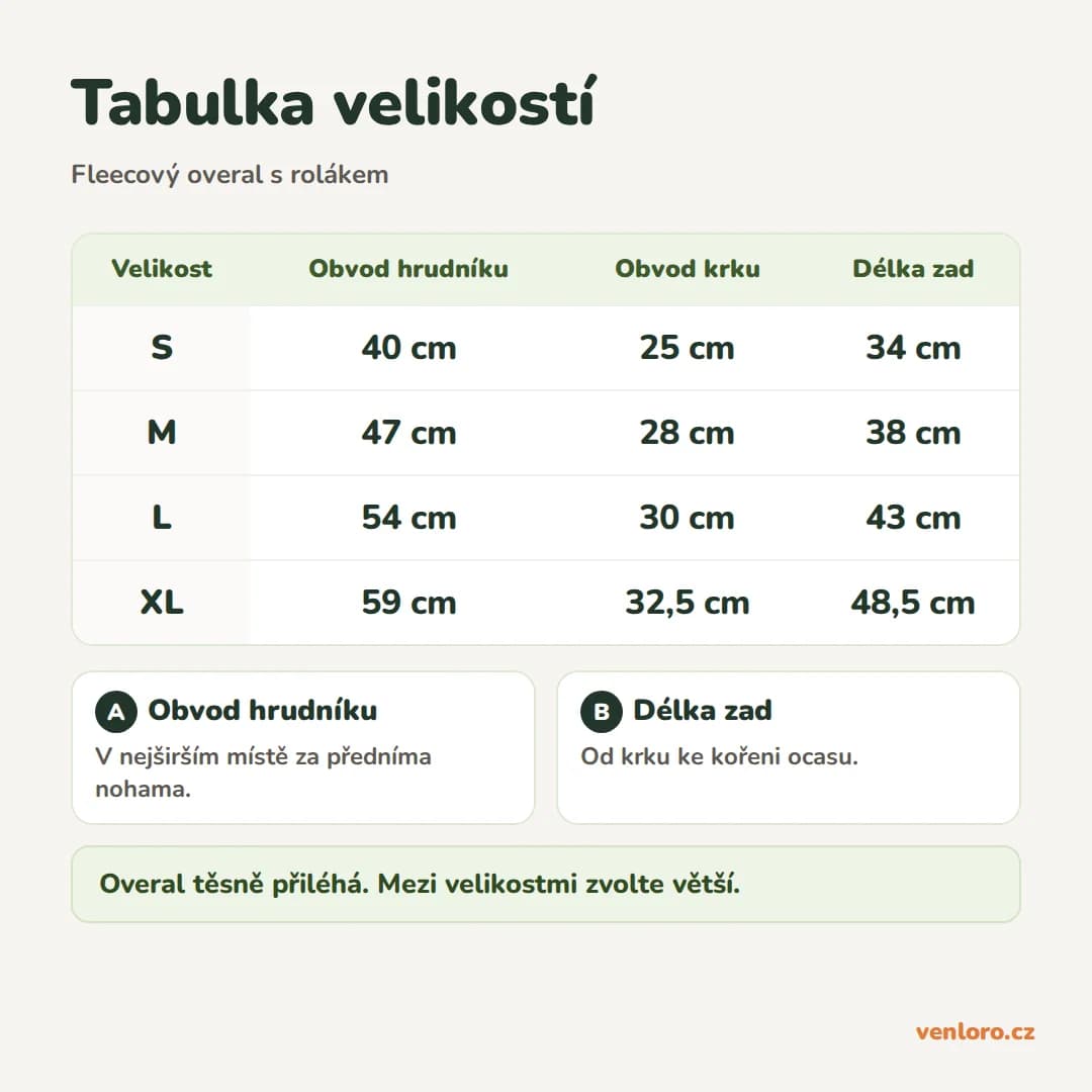 Fleecový overal pro psy s vysokým límcem, pro chrty, S–XL – Tabulka velikostí