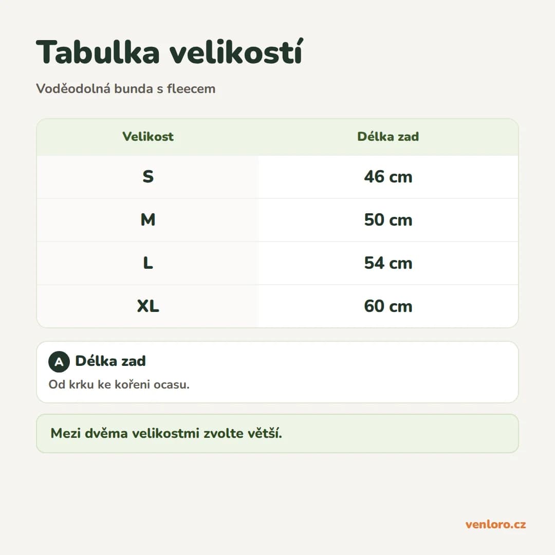Voděodolná přechodná bunda pro psy s fleecem a reflexními prvky, S–XL – Tabulka velikostí