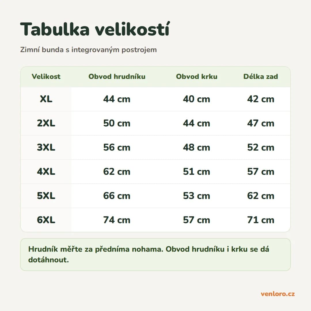 Zimní bunda s integrovaným postrojem pro střední a velké psy, XL–6XL – Tabulka velikostí