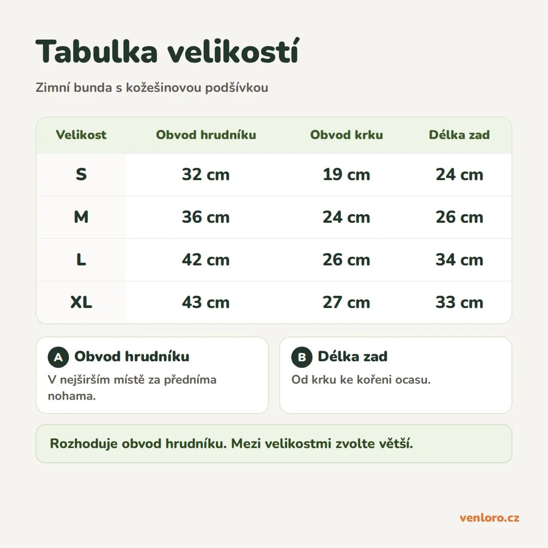 Zimní bunda pro malé psy s hřejivou kožešinovou podšívkou, S–XL – Tabulka velikostí