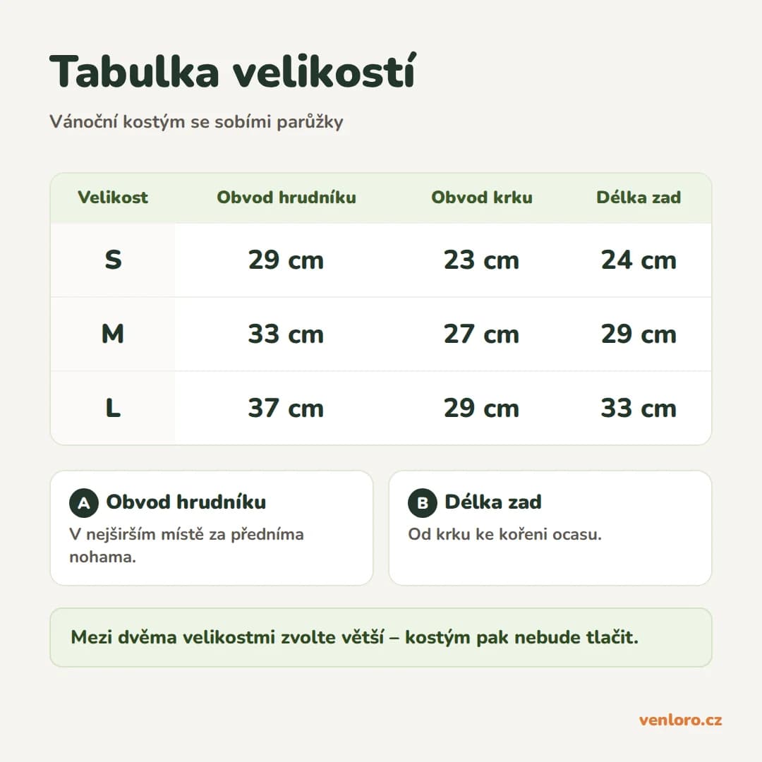 Vánoční kostým pro psy se sobími parůžky, teplý obleček, S–L – Tabulka velikostí