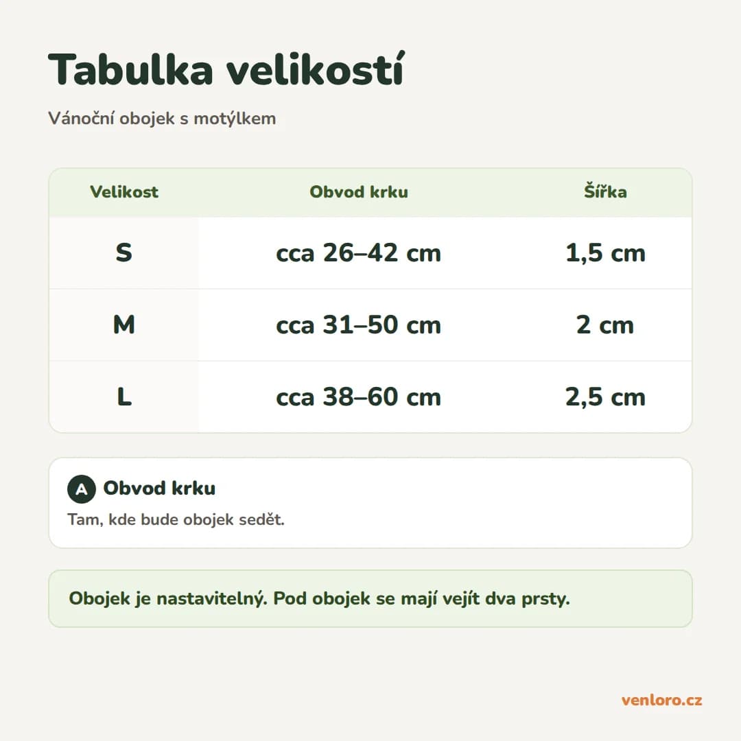 Vánoční obojek pro psy s odnímatelným motýlkem, S–L – Tabulka velikostí