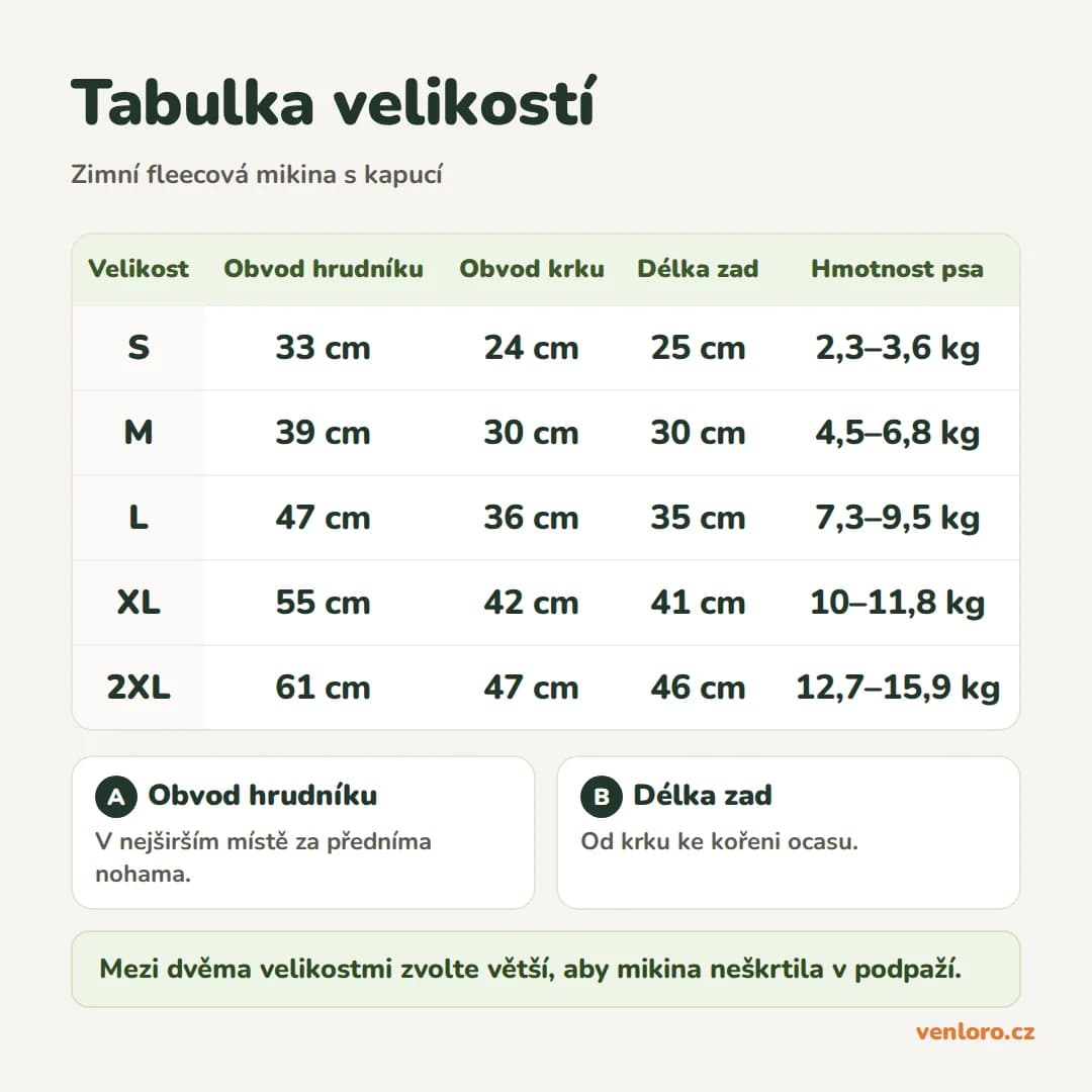 Zimní fleecová mikina s podšívkou a kapucí pro malé a střední psy, S–2XL – Tabulka velikostí