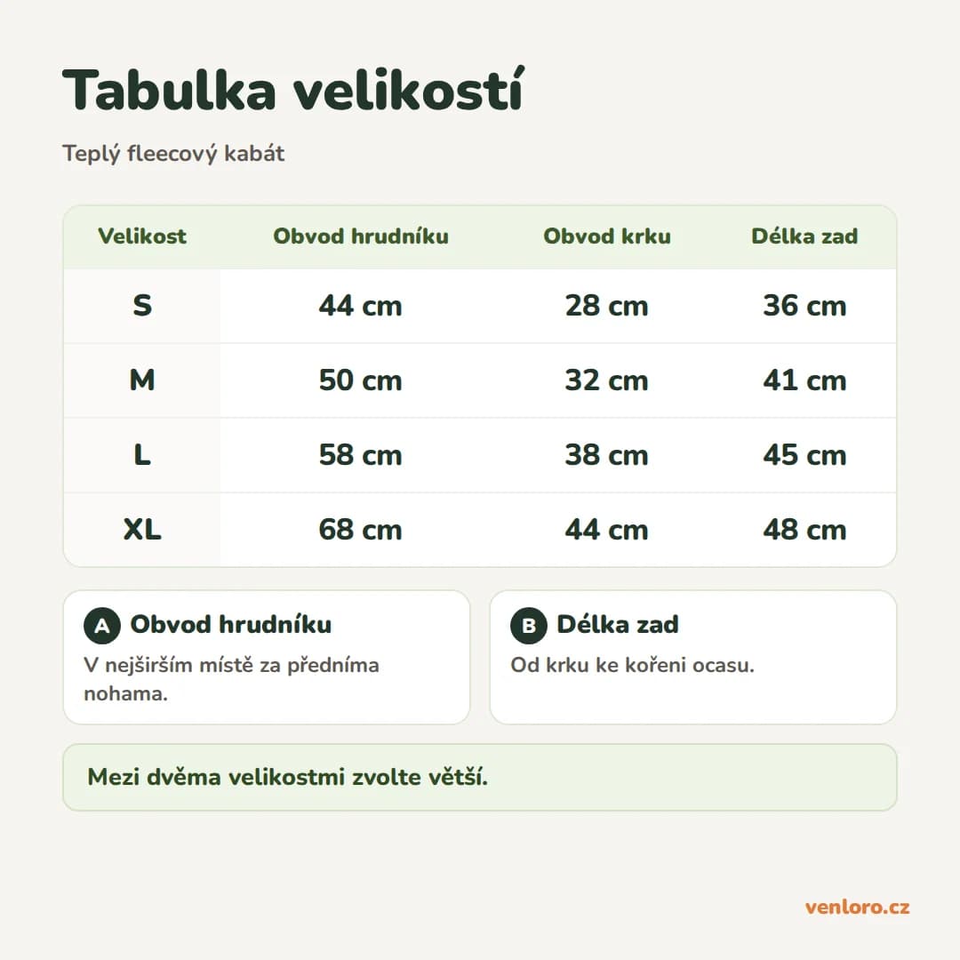 Teplý fleecový kabát pro psy s nastavitelným zapínáním, S–XL – Tabulka velikostí