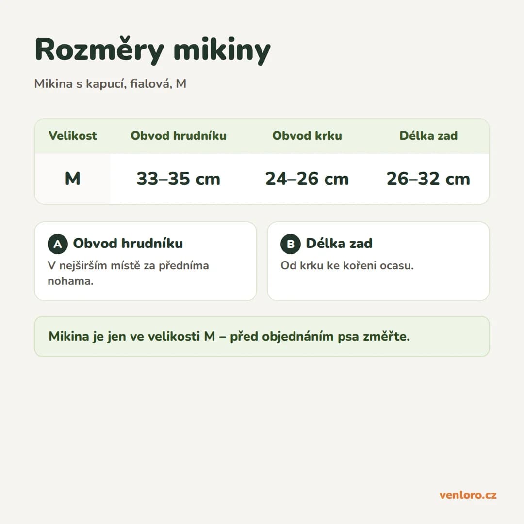 Mikina s kapucí pro malé a střední psy, fialová, velikost M – Rozměry mikiny