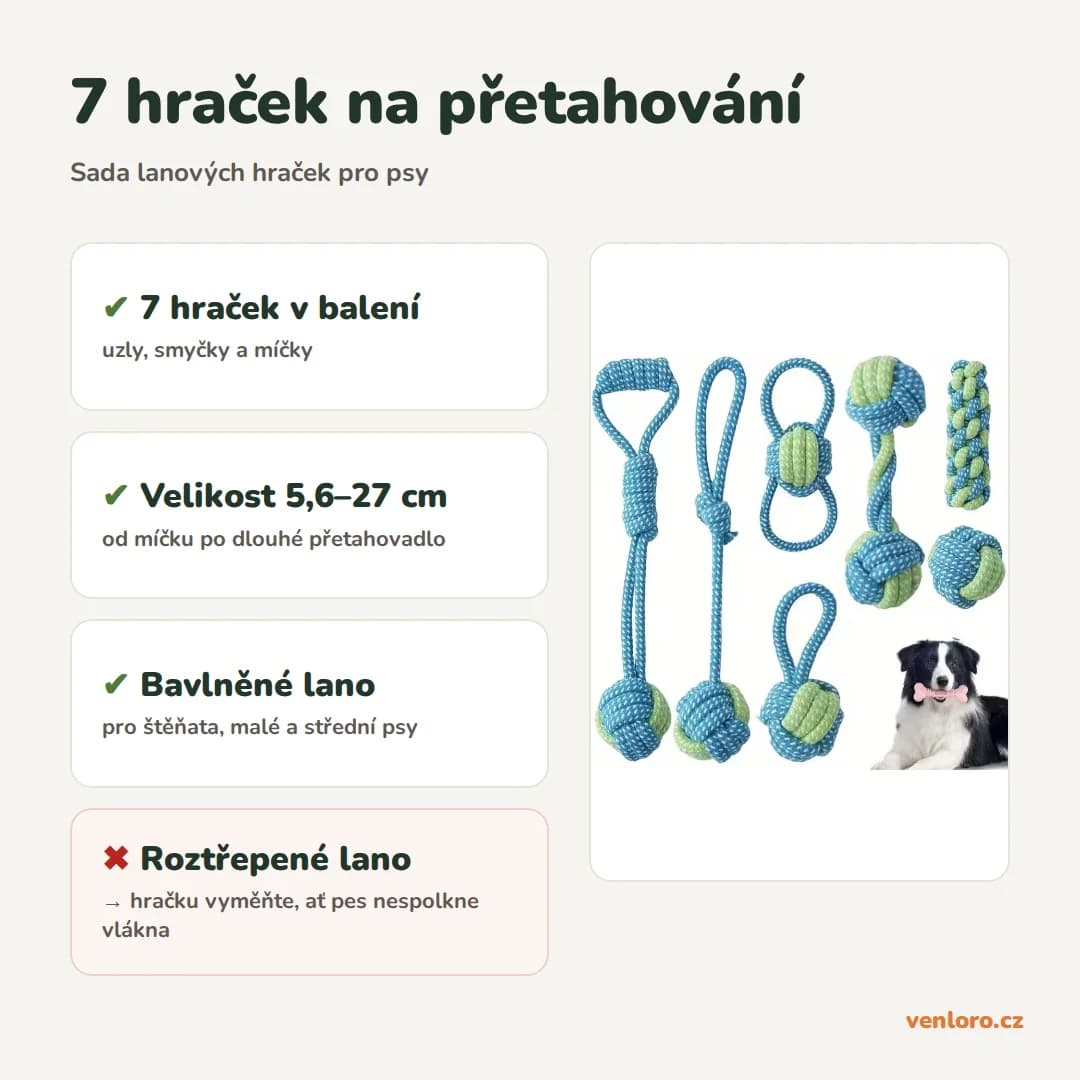 Sada lanových hraček pro psy, 7 ks – 7 hraček na přetahování