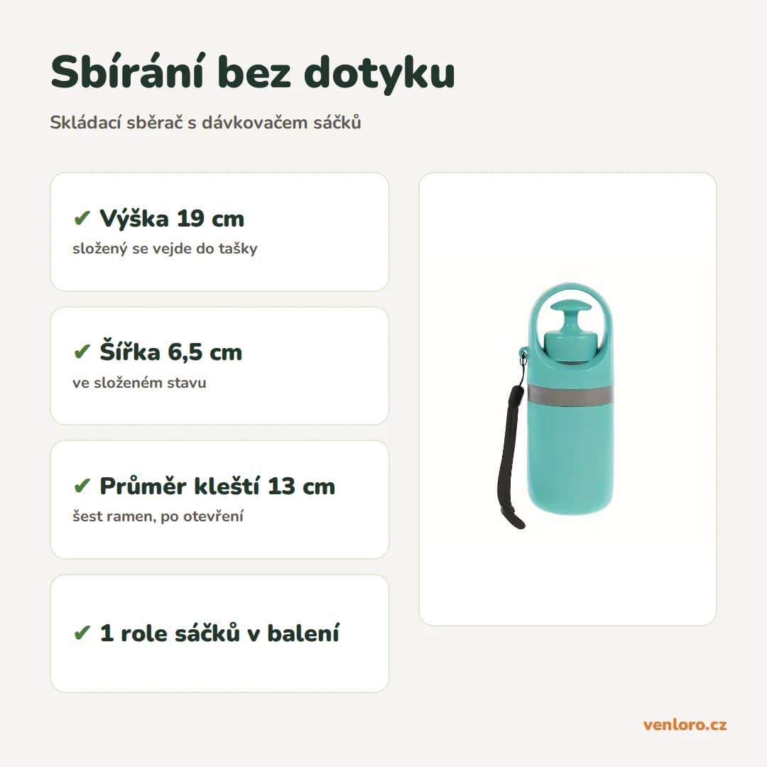 Skládací sběrač psích exkrementů s dávkovačem sáčků – Sbírání bez dotyku