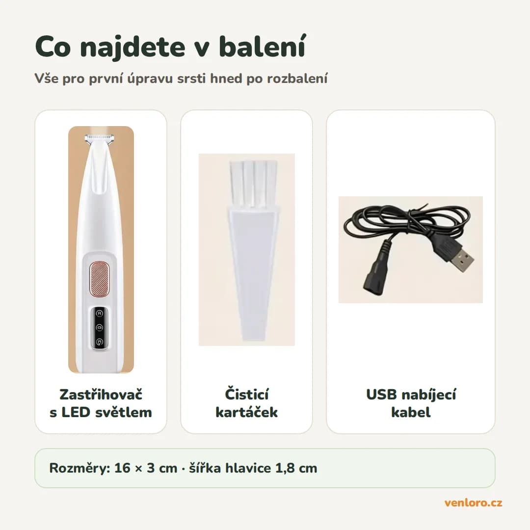 V balení: zastřihovač s LED světlem, čisticí kartáček a USB nabíjecí kabel