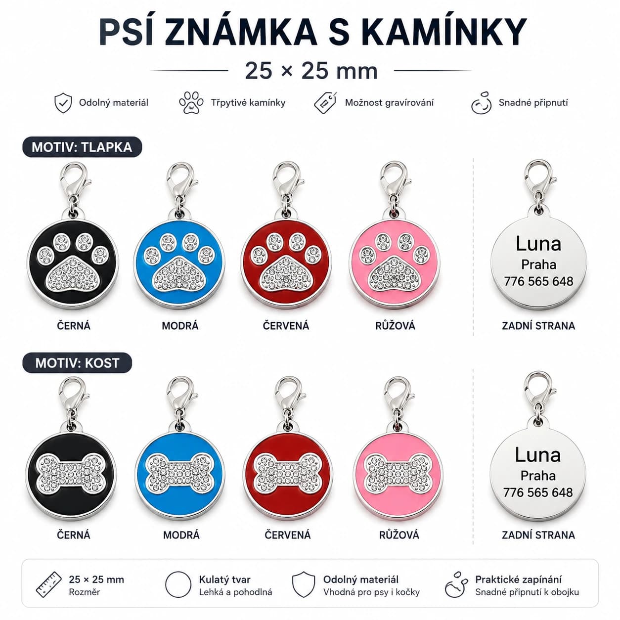 Psí známka s kamínky – kulatá s gravírováním