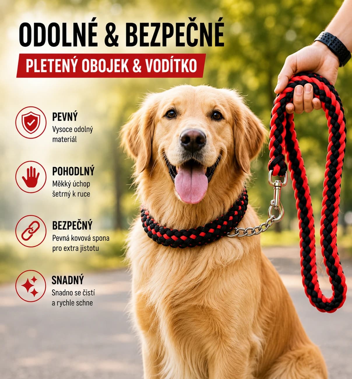 Pletené vodítko pro psy s kovovým stahovacím obojkem