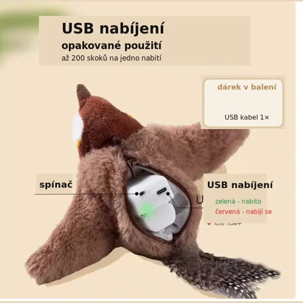 Elektrický ptáček vrabec pro kočky s mávajícími křídly