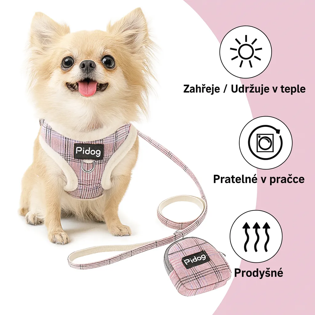Postroj pro psy s vodítkem a taštičkou – Kostkovaný design, měkký - Obrázek 2