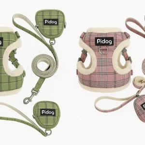 Postroj pro psy s vodítkem a taštičkou – Kostkovaný design, měkký