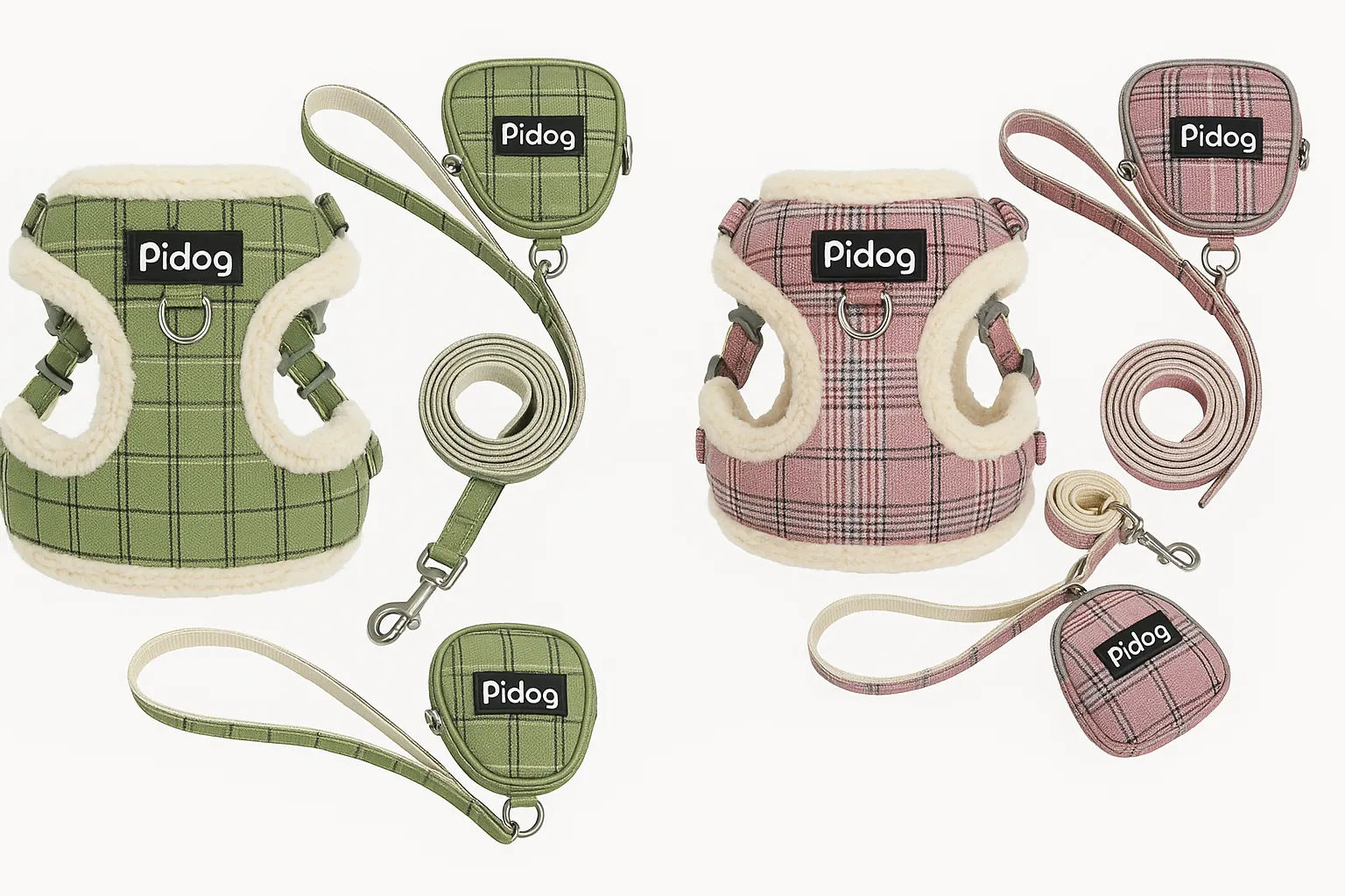 Postroj pro psy s vodítkem a taštičkou – Kostkovaný design, měkký