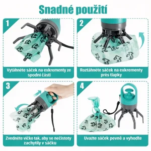 Přenosný skládací sběrač psích exkrementů s dávkovačem sáčků