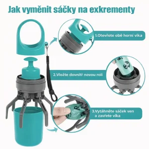 Přenosný skládací sběrač psích exkrementů s dávkovačem sáčků