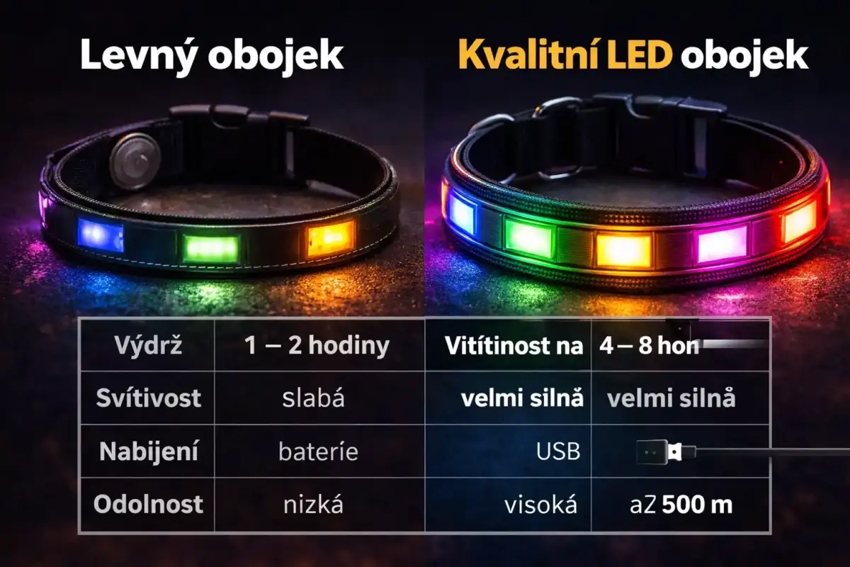 Nejlepší LED obojky pro psy – TOP výběr a srovnání (2026) 2 levný vs kvalitní LED obojek pro psa srovnání svítivosti a výdrže