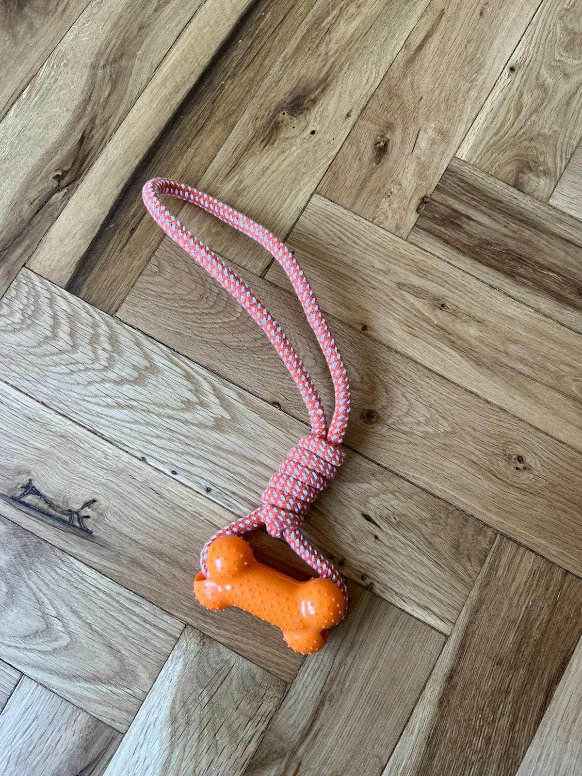 Přetahovadlo pro psy s gumovou kostí a pevným lanem, 31 cm, oranžové 3 Přetahovadlo pro psy s gumovou kostí a pevným lanem, 31 cm, oranžové - Obrázek 2